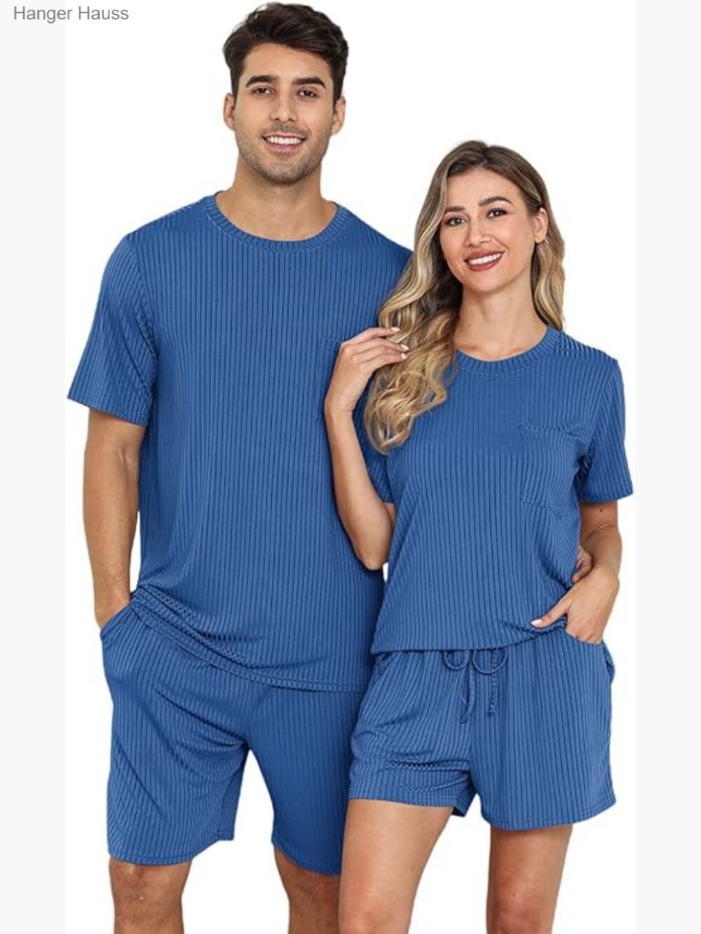 Couples 2 Piece Lounge Set Ribbed Knit Pajama Tops and Shorts Sleepwear S-XXL